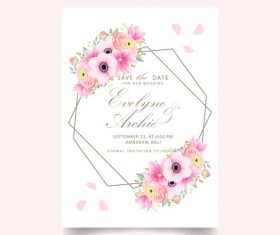 Pink flower with wedding invitation card template vector 07