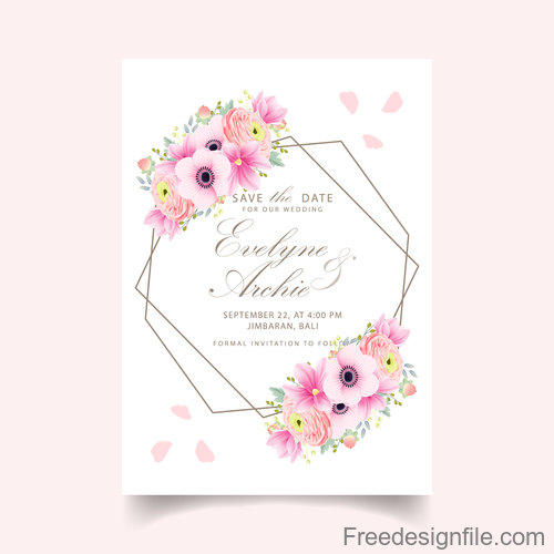 Pink flower with wedding invitation card template vector 07