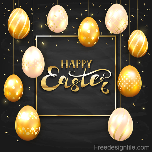 Set of golden Easter eggs on black chalkboard background vector