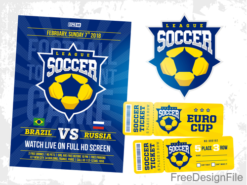 Soccer game ticket and flyer template vector 01