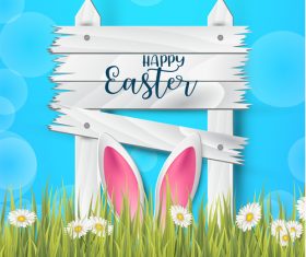 Spring grass with easter wooden board vector