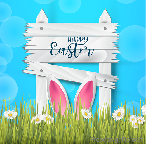 Spring grass with easter wooden board vector