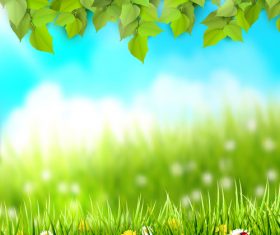 Spring outside background with green leaves and grass vector 01