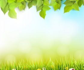 Spring outside background with green leaves and grass vector 02