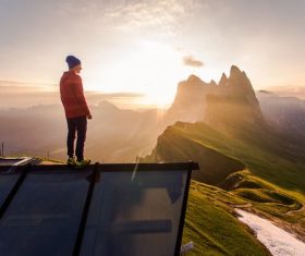 Standing on the top of the mountain watching the sunset nature landscape Stock Photo