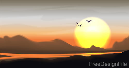 Sunset landscape with birds vector