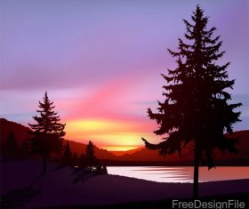 Sunset landscape with tree vector