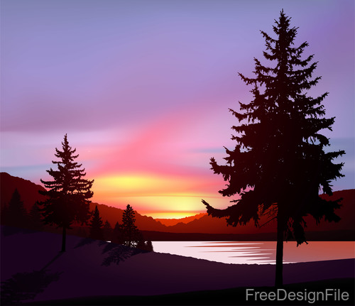 Sunset landscape with tree vector