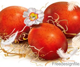 Three red eggs are decorated with straw vector