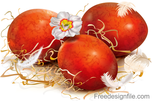 Three red eggs are decorated with straw vector