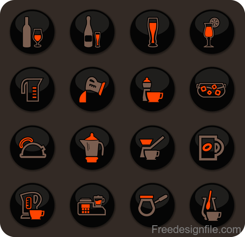 Utensils beverages glass button icons vector 02