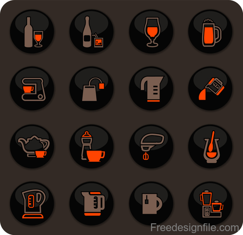 Utensils beverages glass button icons vector 04