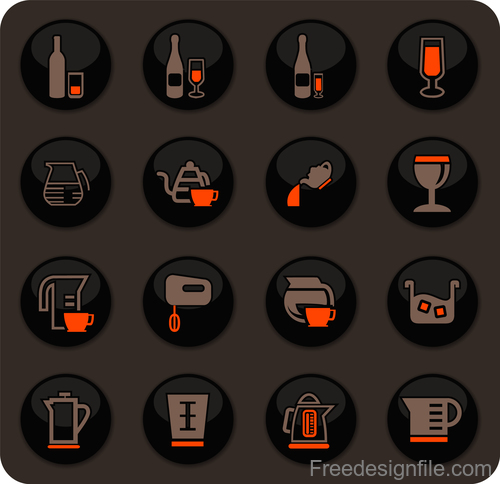 Utensils beverages glass button icons vector 05