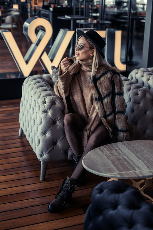 VIP interior wearing fur coat fashion woman Stock Photo