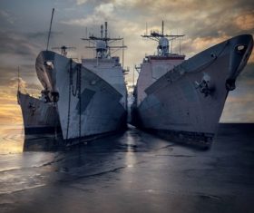 Warships docked side by side Stock Photo