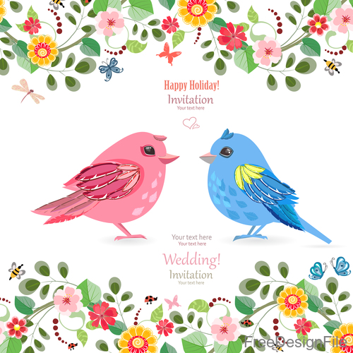 Wedding invetation card with flower and birds vector 01