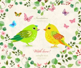 Wedding invetation card with flower and birds vector 02