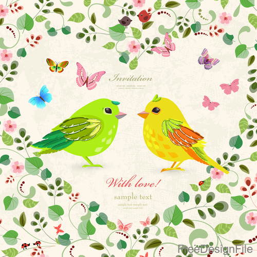 Wedding invetation card with flower and birds vector 02
