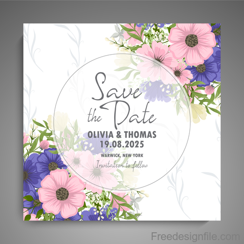 Wedding invitation card with hand drawn flower vectors 06
