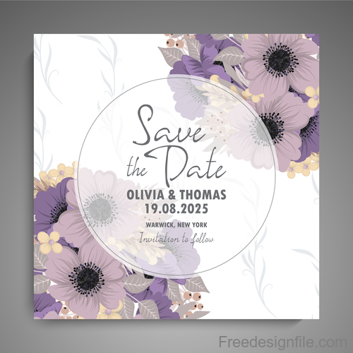 Wedding invitation card with hand drawn flower vectors 05