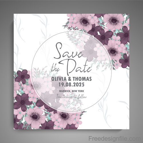 Wedding invitation card with hand drawn flower vectors 04