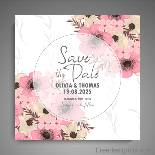 Wedding invitation card with hand drawn flower vectors 03