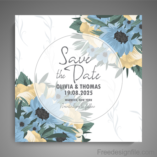 Wedding invitation card with hand drawn flower vectors 02