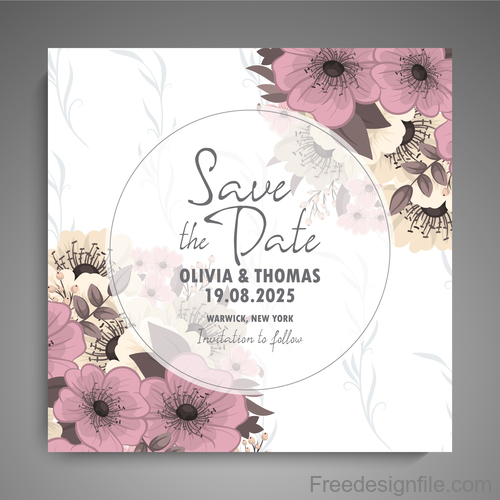 Wedding invitation card with hand drawn flower vectors 01