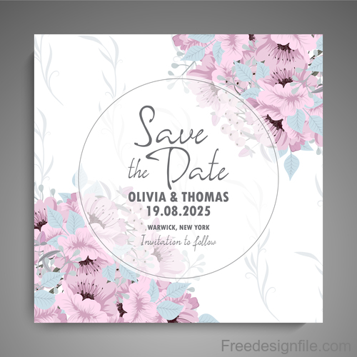 Wedding invitation card with hand drawn flower vectors 08