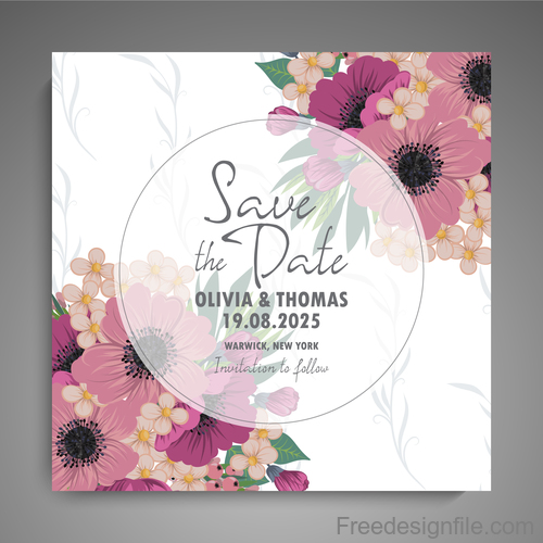 Wedding invitation card with hand drawn flower vectors 07