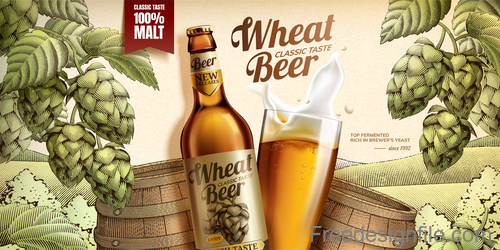 Wheat beer classic taste poster design vector 01