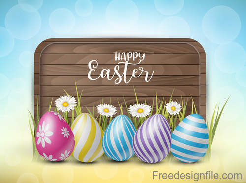 Wooden easter background with colored egg vector 01