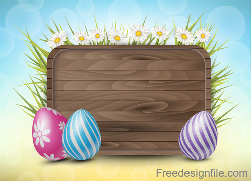 Wooden easter background with colored egg vector 02