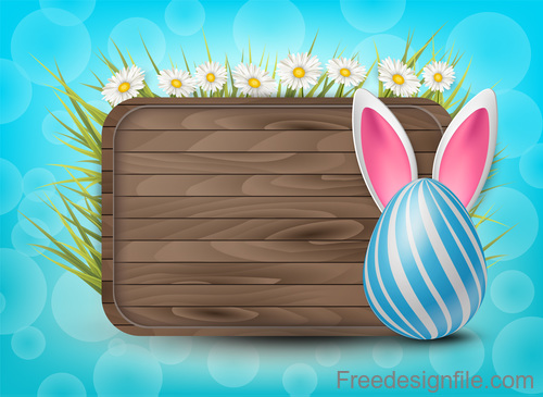 Wooden easter background with colored egg vector 03