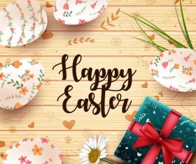 Wooden easter background with flower eggs vector 01