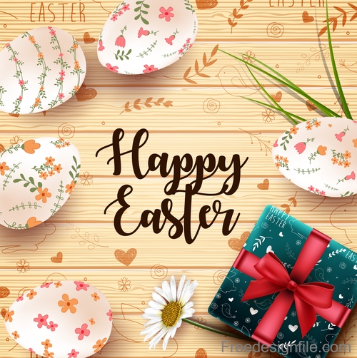 Wooden easter background with flower eggs vector 01