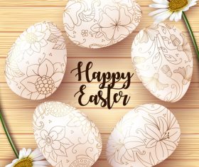 Wooden easter background with flower eggs vector 02