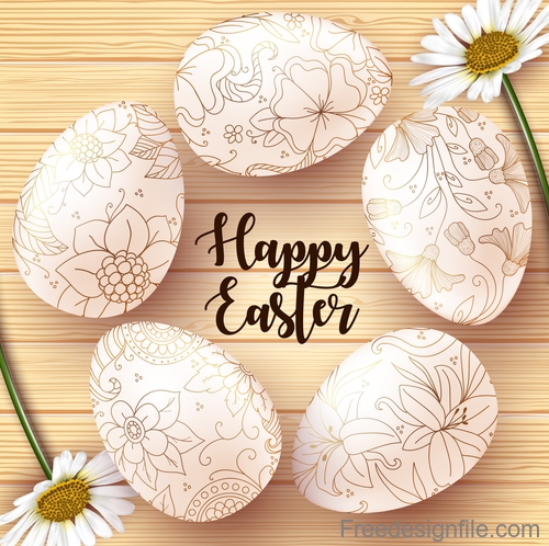 Wooden easter background with flower eggs vector 02