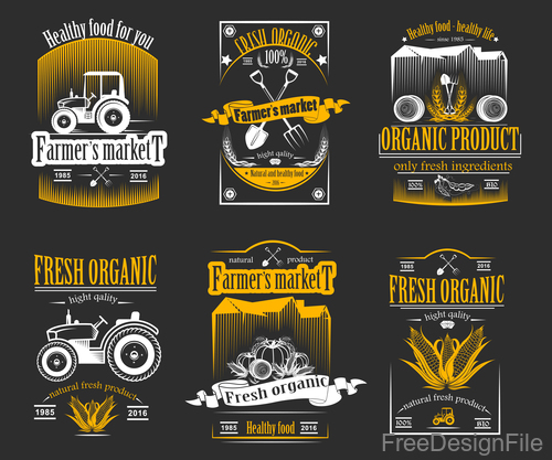 Yellow farm labels design vector 02