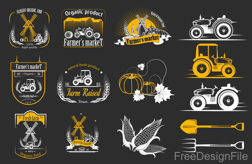 Yellow farm labels design vector 03