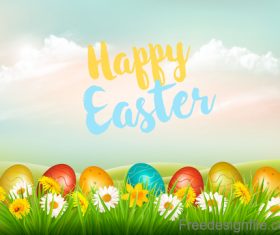 holiday easter background with colorful eggs and landscape vector