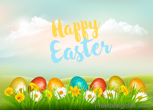 holiday easter background with colorful eggs and landscape vector
