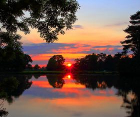 nature sunset reflection lake Stock Photo