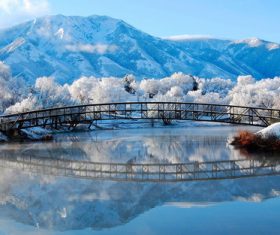 winter mountains bridge snow natural scenery Stock Photo