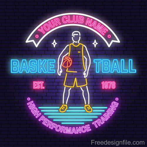 Backetball sport club neon logos vector set 01