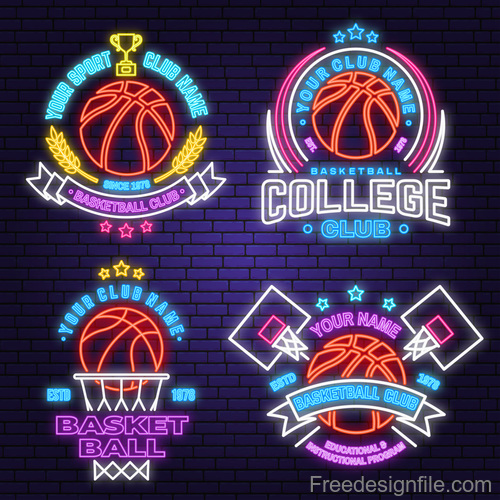 Backetball sport club neon logos vector set 03