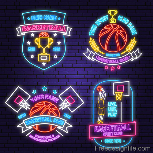 Backetball sport club neon logos vector set 04