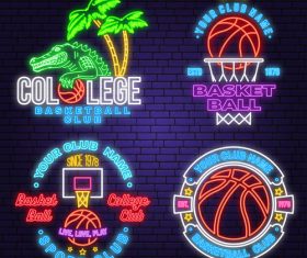 Backetball sport club neon logos vector set 06