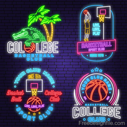 Backetball sport club neon logos vector set 07