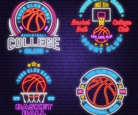 Backetball sport club neon logos vector set 09